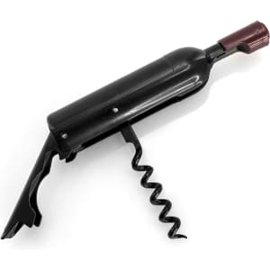 A corkscrew designed to resemble a bottle of wine, featuring black and burgundy colours. It includes a logo.
