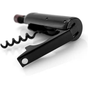 A black corkscrew with a metallic spiral and lever, designed for opening wine bottles.