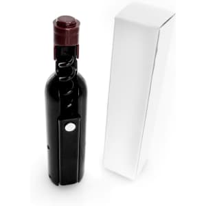 A black corkscrew styled as a wine bottle, with a white box beside it. The corkscrew features a burgundy top.