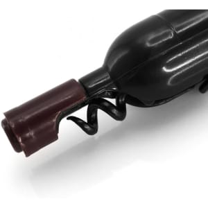 A black corkscrew with a maroon handle, featuring a spiral metal extractor. It has a simple, sleek design.