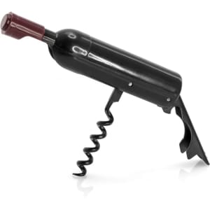 A black corkscrew in the shape of a wine bottle, featuring a spiral corkscrew attachment and a handle.