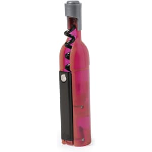 A pink corkscrew in the shape of a wine bottle, featuring a spiral metal corkscrew and a black handle.