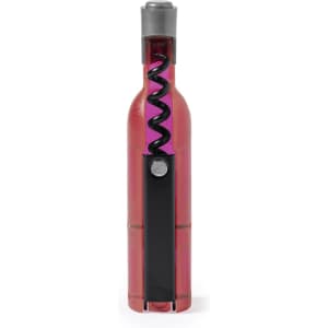A corkscrew designed in vibrant pink and black, featuring a spiral mechanism for opening bottles.