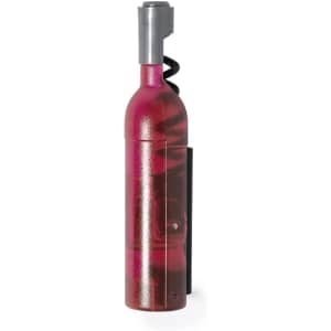 A metallic pink corkscrew with a handle and a spiral tip, designed for opening bottles. It features a logo.