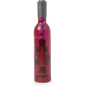 A pink corkscrew with a black top, designed for opening bottles, featuring a sleek, modern design.
