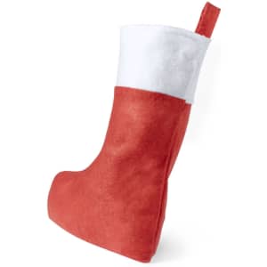A red Christmas stocking with a white cuff, featuring a loop for hanging. It has a soft, plush texture.