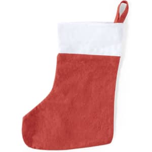 A red and white holiday stocking with a loop for hanging, made from a soft fabric.