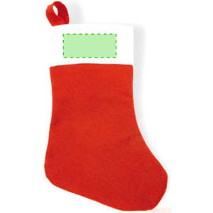 A red Christmas stocking with a white cuff and a hanging loop, featuring a blank space for personalization.