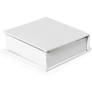 A white notepad with a square shape and a cover, featuring a logo. Suitable for office and business use.