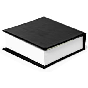 A black notepad with a smooth cover and white pages, featuring a simple, sleek design.