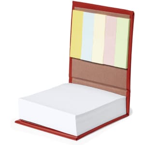 A red notepad with a colourful assortment of sticky notes on top and a large stack of blank pages.