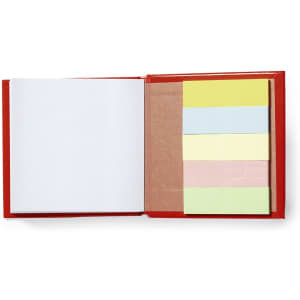 A red notepad featuring blank white pages and a variety of coloured sticky notes in yellow, green, pink, and blue.