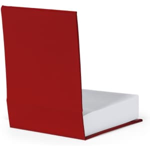 A red notepad with a white paper interior, featuring a simple, sleek design and a branded logo.