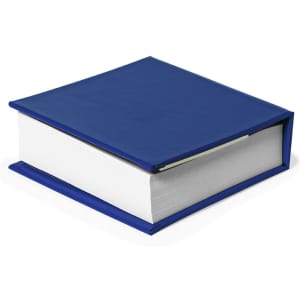 A blue notepad with a solid cover and white pages, featuring a logo on the front.