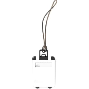 A white luggage tag with a black attachment and an integrated metal loop for easy fastening.