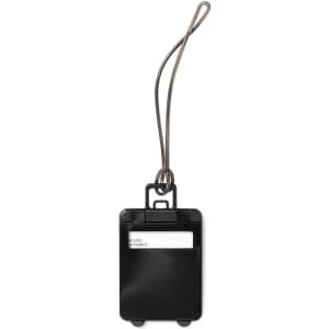 A luggage tag in black with a clip and space for a name card. Features rounded corners and a durable design.