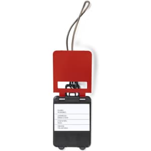 A red and black luggage tag featuring a transparent identification window and a metal attachment loop.
