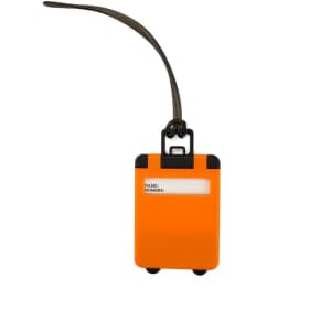 An orange luggage tag with a black top and a clear space for details. Features a strap for attachment.