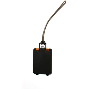 A black luggage tag with a brown strap and a small orange accent. It features a logo on the front.