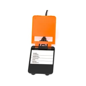 An orange and black luggage tag with a flip-open design and an interior label for contact information.