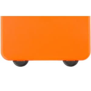 An orange luggage tag with rounded edges, featuring black wheels at the bottom.