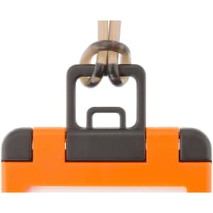 An orange luggage tag with a black attachment feature and a sturdy loop for securing it to luggage.