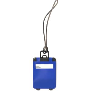 A blue luggage tag with a black attachment loop and a space for a name. It has a logo on the front.