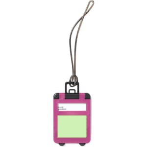 A pink luggage tag with a metal attachment and two writable areas for name and details. It also has a logo.