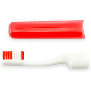 A red toothbrush with a white handle and red bristles, accompanied by a matching red cover.
