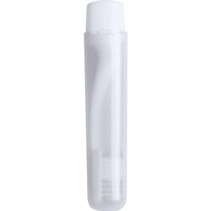 A white toothbrush encased in a transparent protective cover, featuring a simple design and rounded edges.