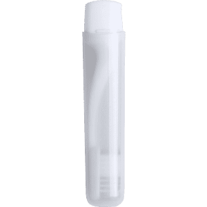 A clear and white toothbrush enclosed in a transparent case, featuring a logo on the case.