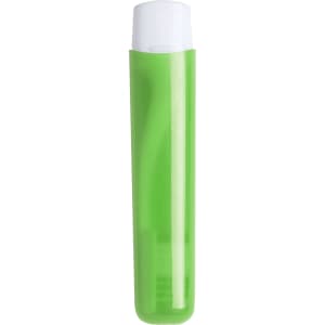 A green toothbrush with a white lid, featuring a sleek design and a logo on the surface.