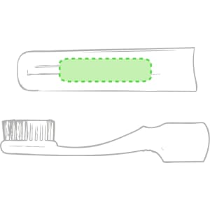 A toothbrush with a green accent, featuring soft bristles and a curved handle. It includes a space for branding.