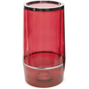 A drink bottle cooler in a translucent red colour with a silver band at the top and bottom.