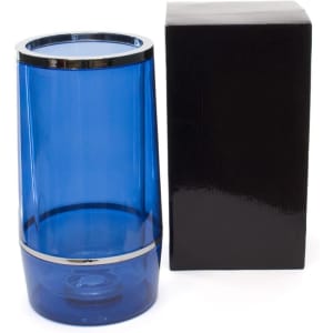 A drink bottle cooler in a vibrant blue colour with a silver trim, alongside a black box for packaging.