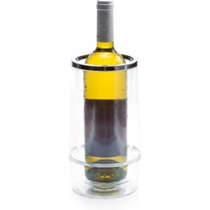 A drink bottle cooler featuring a sleek transparent design with a silver rim, holding a wine bottle.