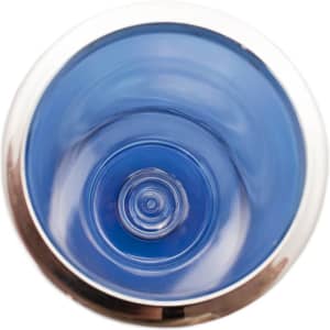A drink bottle cooler featuring a circular design in blue with a silver rim and a smooth interior surface.