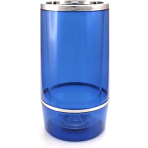 A drink bottle cooler in a vibrant blue colour, featuring a sleek silver rim and a cylindrical design.