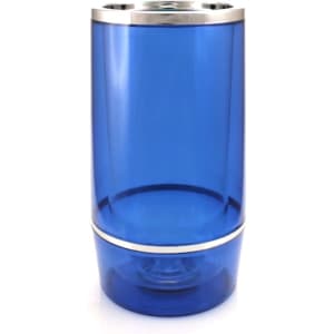 A drink bottle cooler in a bright blue colour with a silver band around the top. It features a logo.