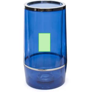 A drink bottle cooler in transparent blue with a silver band and a green rectangular section. It has a logo on it.