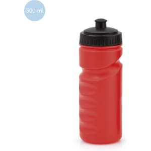 A drink bottle in bright red with a black lid, featuring a textured grip, holding 500 ml of liquid.