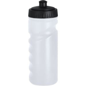 A drink bottle with a translucent body and black lid featuring a textured grip.