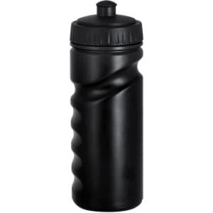 A drink bottle in solid black with a textured grip and a screw-on lid, featuring a logo.