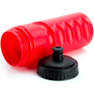 A drink bottle in vibrant red with a textured design and a separate black cap. Features branding on the cap.