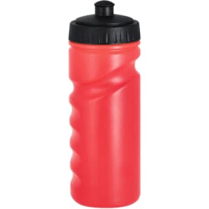 A drink bottle in vibrant red with a black screw-top lid and a textured grip for easy handling.