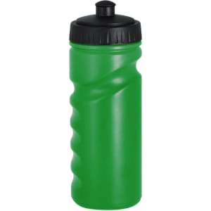 A green drink bottle with a black lid, featuring a textured grip for easy handling. It includes a logo.
