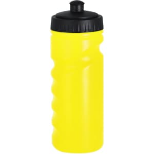 A drink bottle in bright yellow with a black lid, featuring a textured grip design and a logo.