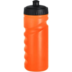 An orange drink bottle with a black screw-on lid and a contoured grip design. Features a logo on its surface.