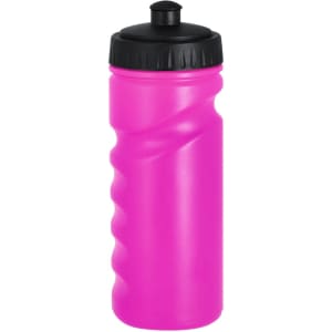 A drink bottle in vibrant pink with a black lid and a curved grip design. It features a logo on the side.