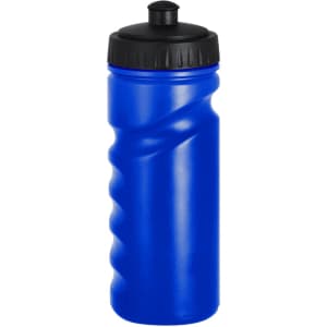 A drink bottle in vibrant blue with a textured grip and a black lid. Features a logo on the side.